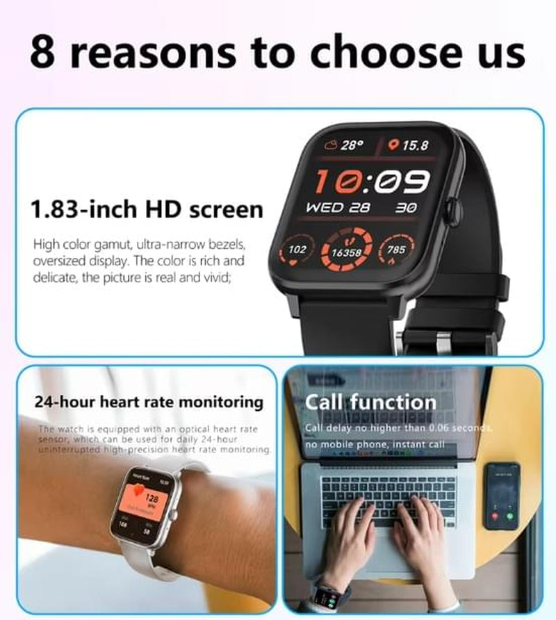 Smartwatch Men Women1.83Inch BT Face Heart Rate Fitness Tracker