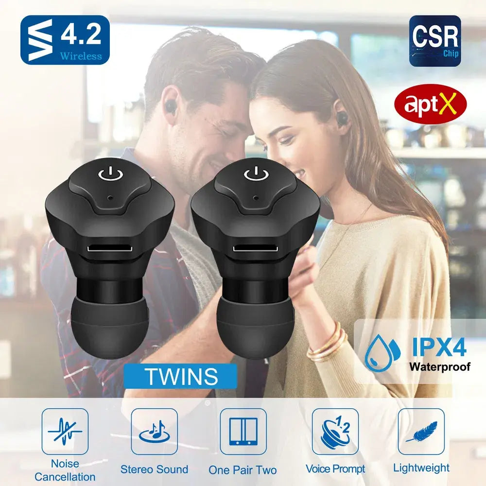 True Wireless Earbuds CSR V4.2 In-Ear Stereo Headsets IP44 Waterproof Apt-X TWS Headphones Noise Cancelling