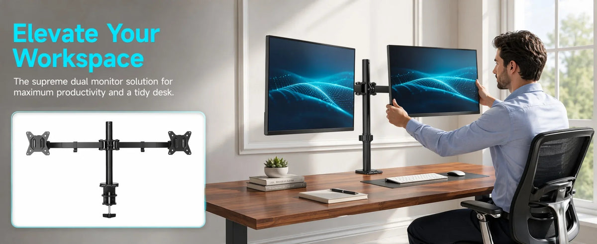 Dual Monitor Stand, Heavy Duty Adjustable Monitor Desk Mount for 2 Screens up to 32 Inches, Fully Adjustable Height, Tilt, Swivel, Rotate, Supports 17.6 Lbs per Monitor Arm, Easy Installation