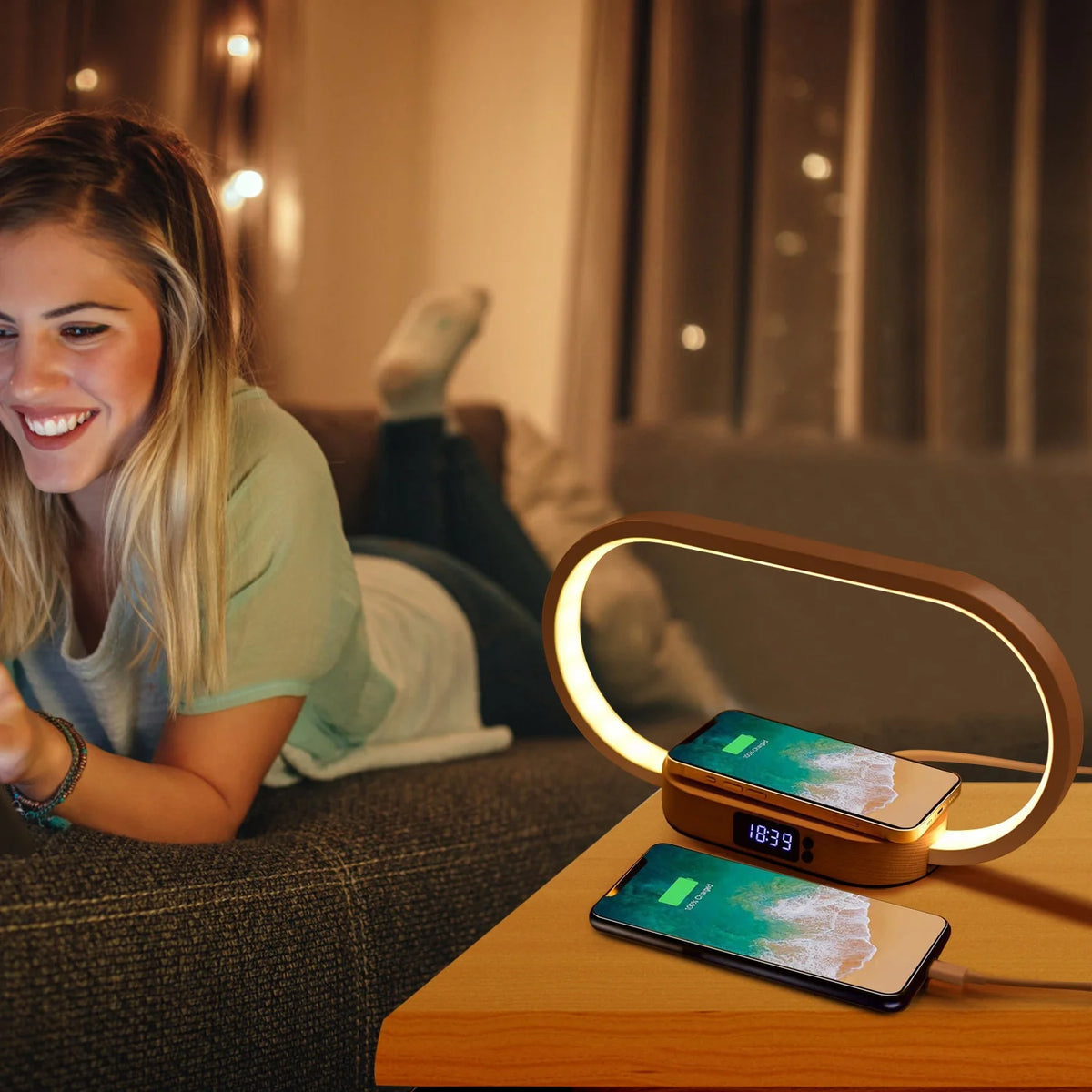 Bedside Lamp with Clock and Wireless Charger