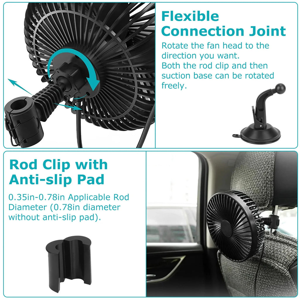 1Pc Car Cooling Fan Portable Rotatable USB Vehicle Fan Backseat Clip Fan Dashboard Window Suction Fan for SUV RV Pickup with 3 Speeds