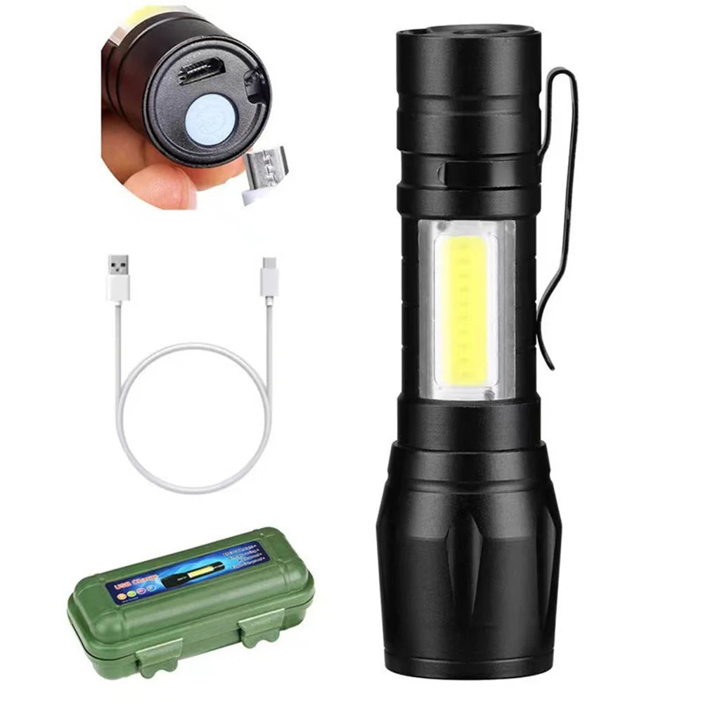 LED Telescopic Flashlight Military Torch USB Rechargeable Pen Light for Camping