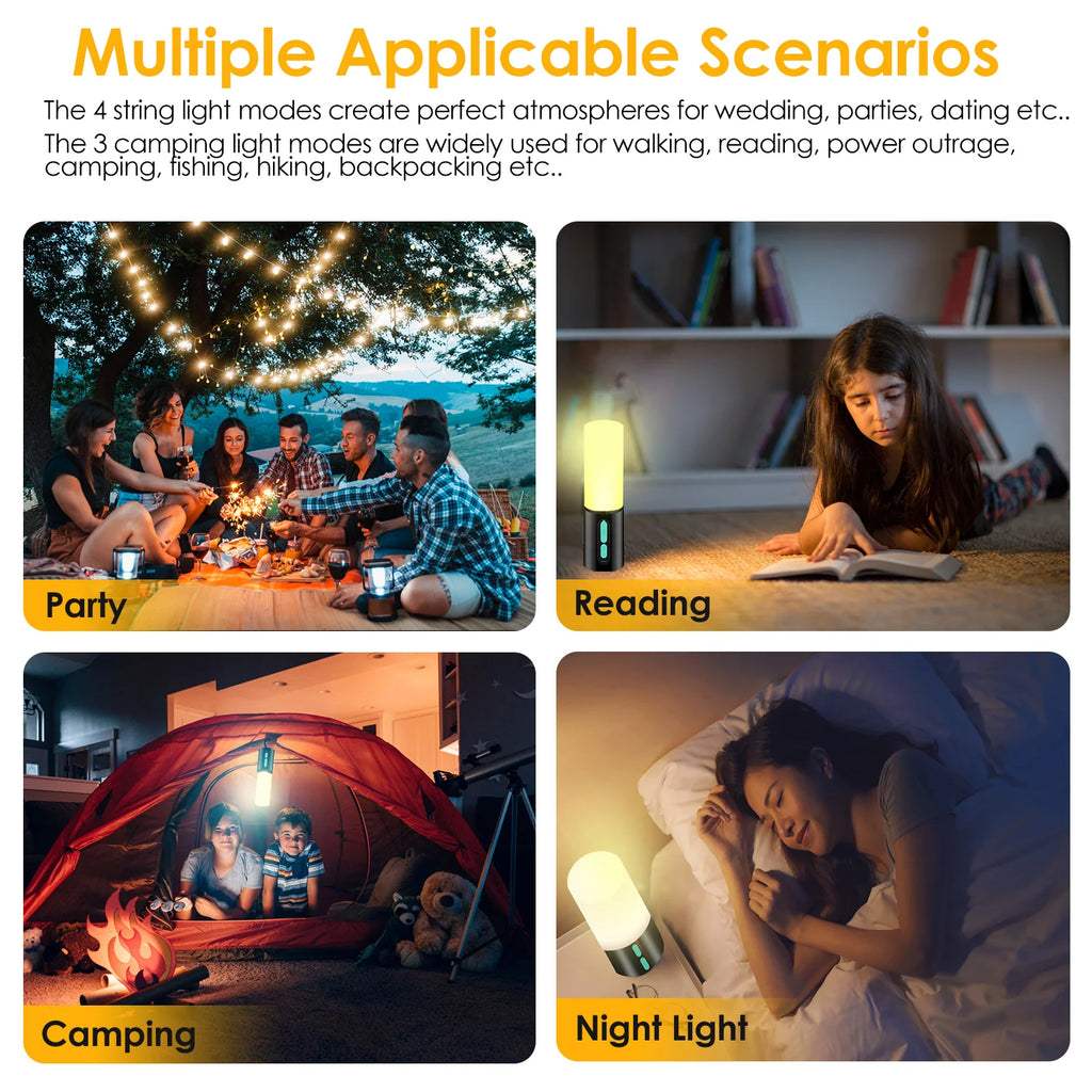1Pc 4 in 1 Rechargeable Camping String Light IP44 Waterproof Camping Lantern with 33Ft String Light 7 Light Modes Emergency Power Bank Carry Bag for Indoor Outdoor Wedding Party
