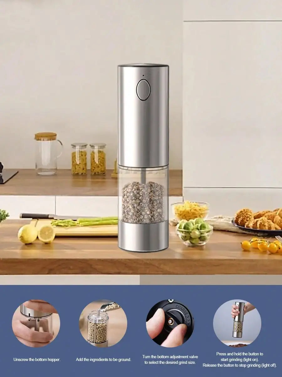 2-Piece Electric Salt Pepper Grinder Set, USB Charging, LED Light One Hand Automatic Operation, Adjustable Thickness Grinding Vibrating Screen,Stainless Steel Housing, Kitchen Gadget Gift Ideas