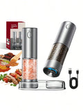 2-Piece Electric Salt Pepper Grinder Set, USB Charging, LED Light One Hand Automatic Operation, Adjustable Thickness Grinding Vibrating Screen,Stainless Steel Housing, Kitchen Gadget Gift Ideas