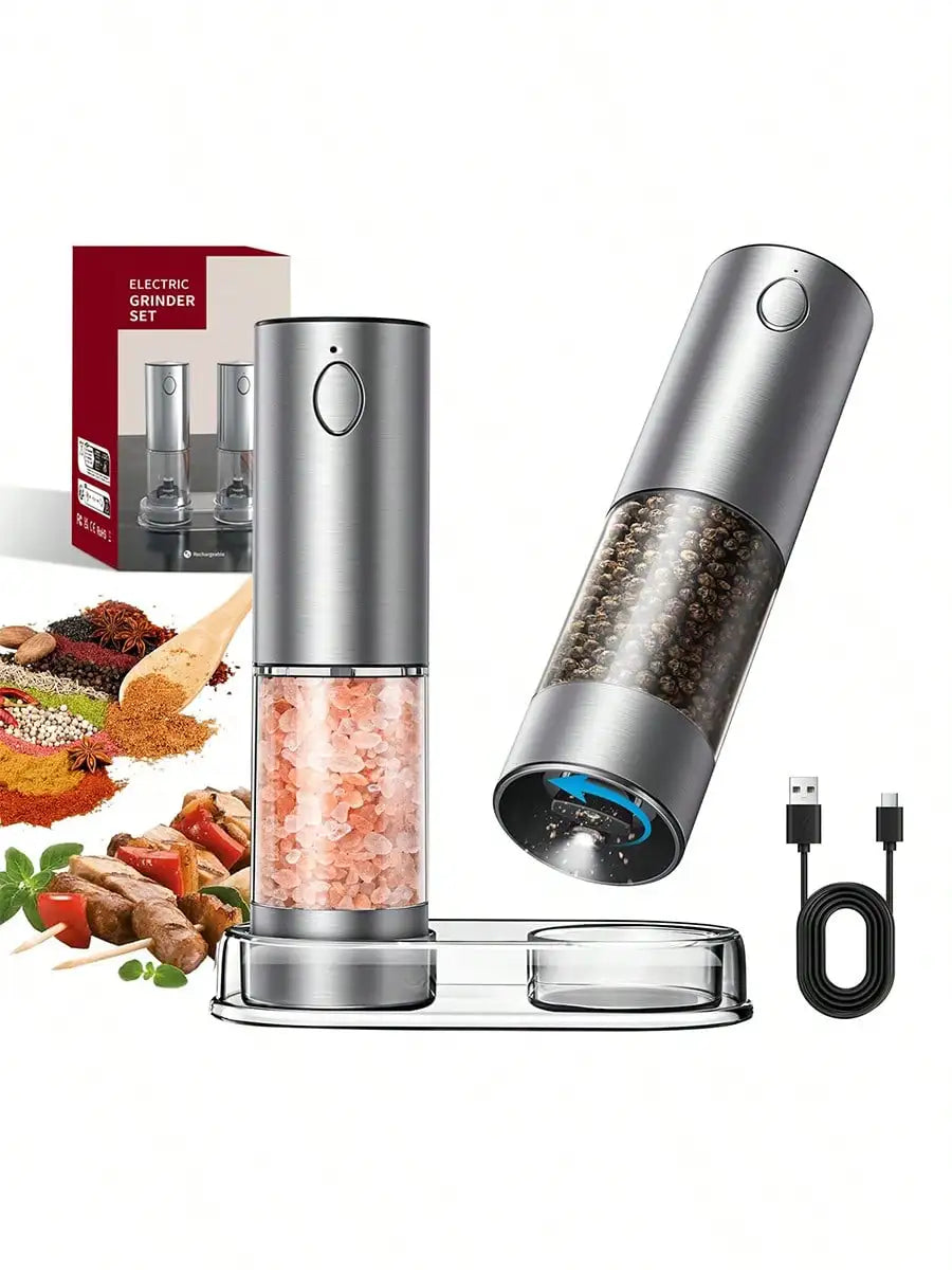 2-Piece Electric Salt Pepper Grinder Set, USB Charging, LED Light One Hand Automatic Operation, Adjustable Thickness Grinding Vibrating Screen,Stainless Steel Housing, Kitchen Gadget Gift Ideas