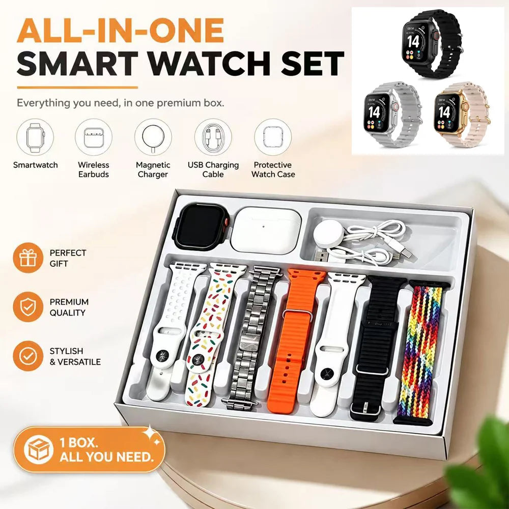 Ten-In-One Smart Watch Set with Wireless Earbuds, Multiple Watch Bands, Magnetic Charger & Protective Case, All-In-One Fitness Smartwatch Gift Box for Men Women
