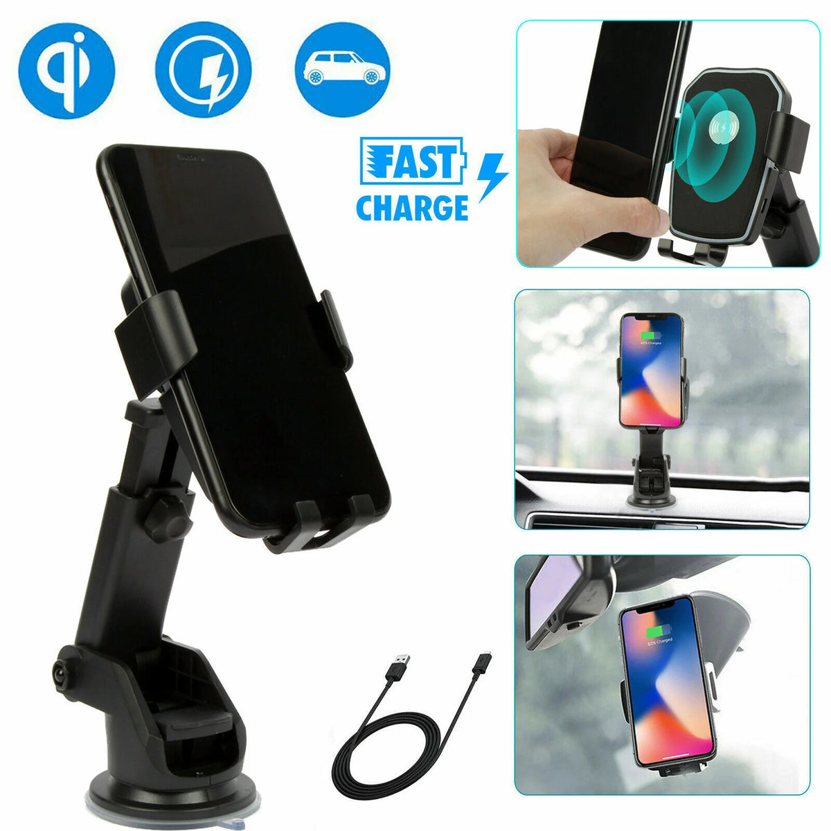Qi Wireless Fast Charging Car Charger Mount Holder Stand 2 in 1 for Cell Phone