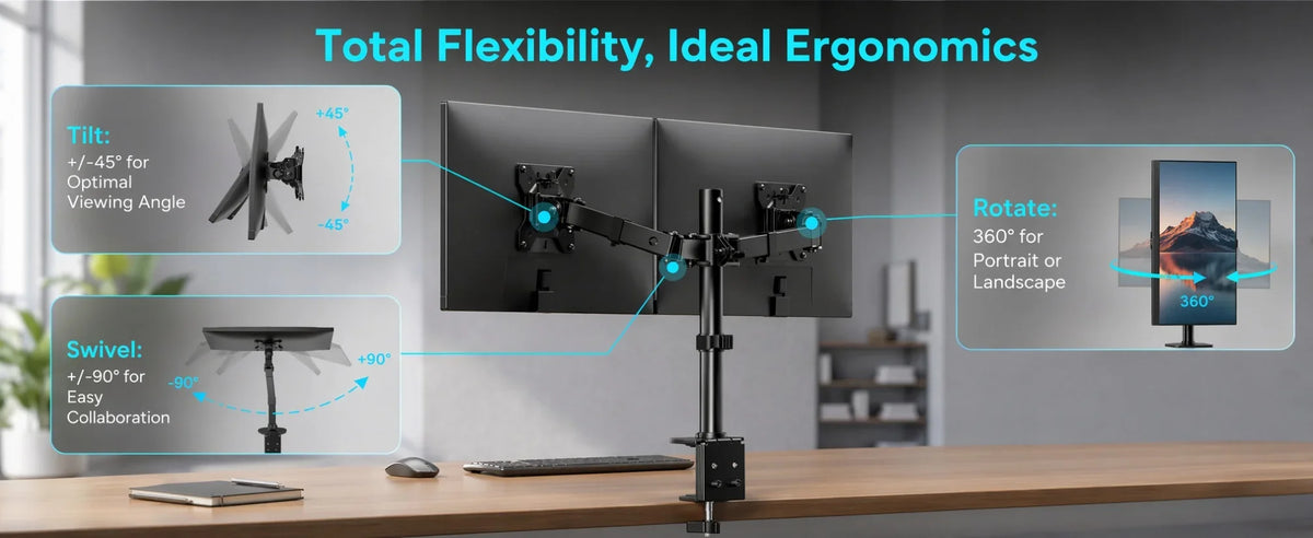 Dual Monitor Stand, Heavy Duty Adjustable Monitor Desk Mount for 2 Screens up to 32 Inches, Fully Adjustable Height, Tilt, Swivel, Rotate, Supports 17.6 Lbs per Monitor Arm, Easy Installation