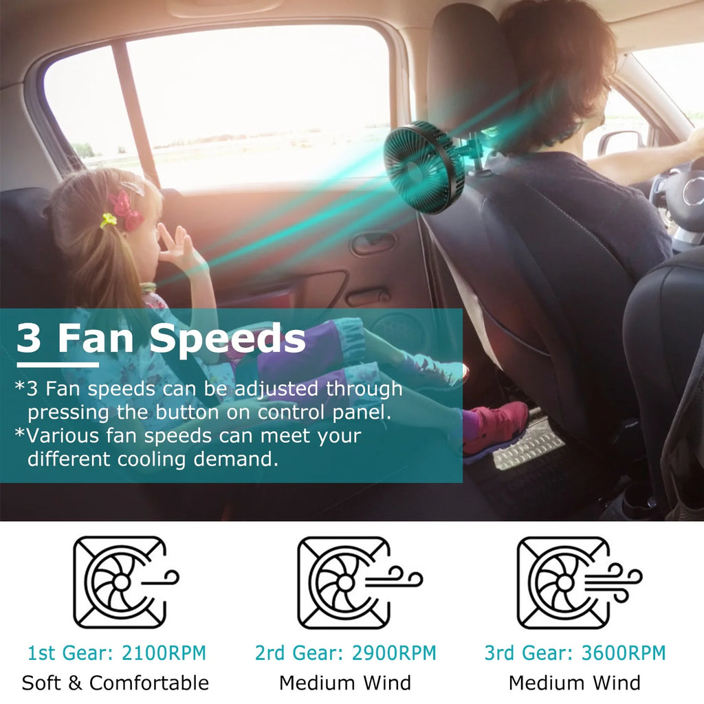 1Pc Car Cooling Fan Portable Rotatable USB Vehicle Fan Backseat Clip Fan Dashboard Window Suction Fan for SUV RV Pickup with 3 Speeds