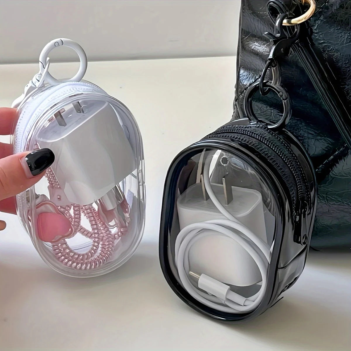 2Pcs PVC Storage Bag for Organizing Data Cables, Chargers, Earphone, Earbud, Keys, Change, Camera Chips, Portable Transparent Storage