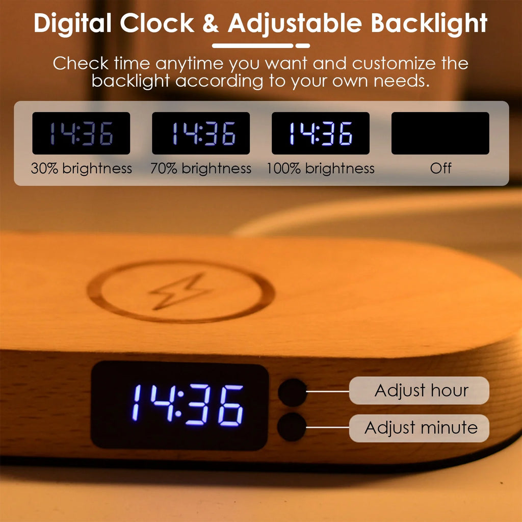 Bedside Lamp with Clock and Wireless Charger
